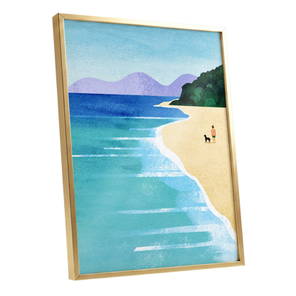 Shoreline Companions, blue, beige, green nature wall art shown as a gold framed poster wall art print