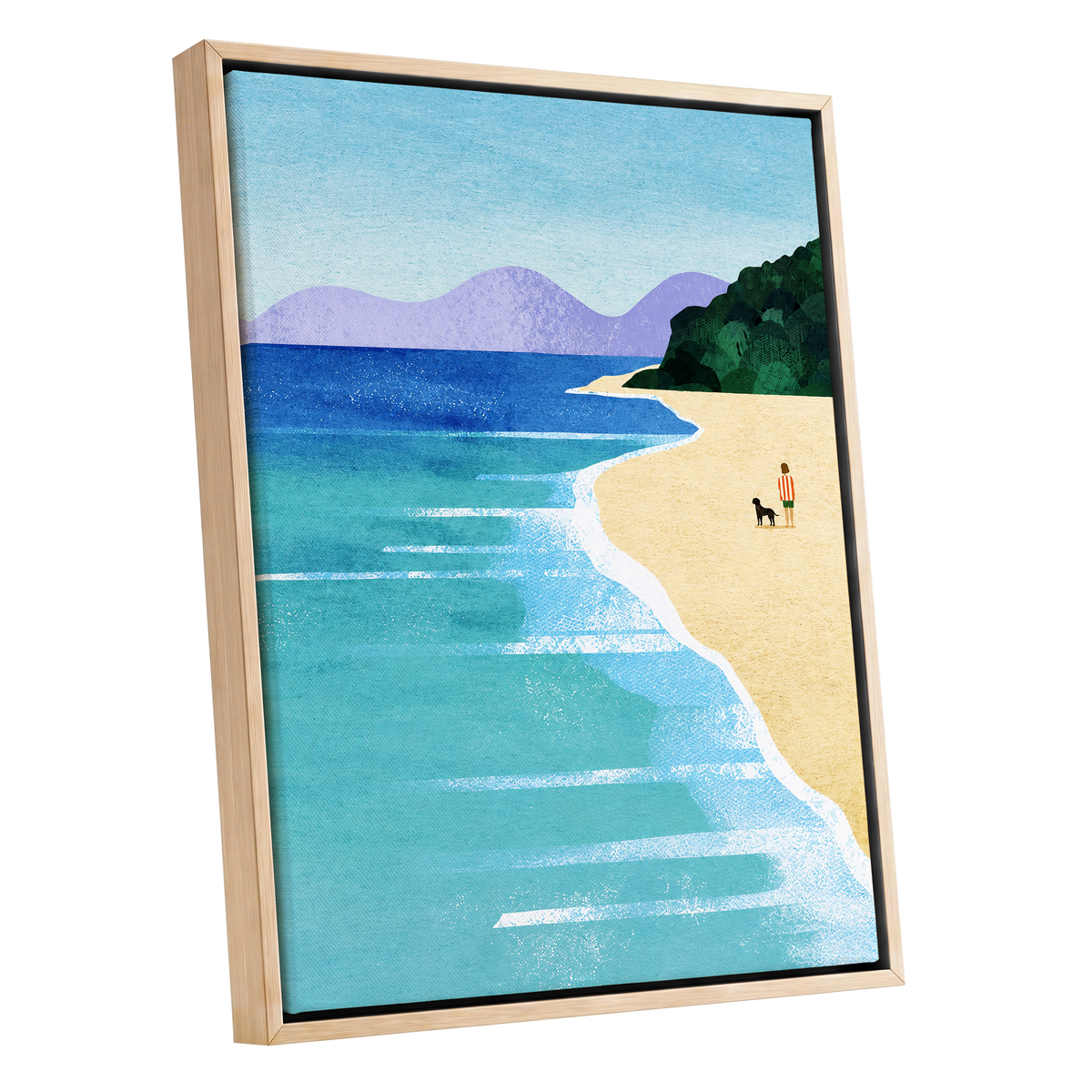 Shoreline Companions, blue, beige, green nature wall art shown as a oak framed canvas wall art