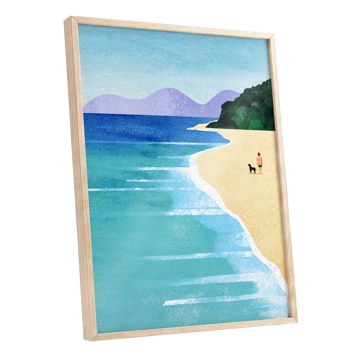 Shoreline Companions, blue, beige, green nature wall art shown as a oak framed poster wall art print