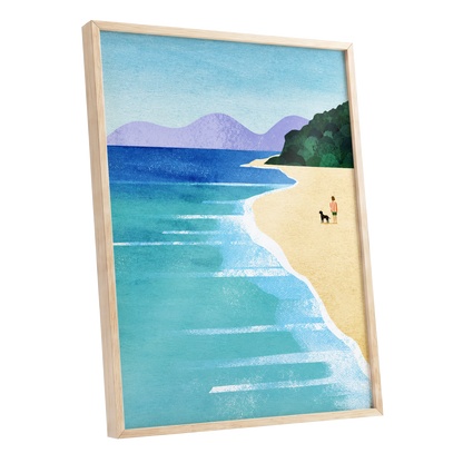 Shoreline Companions, blue, beige, green nature wall art shown as a oak framed poster wall art print