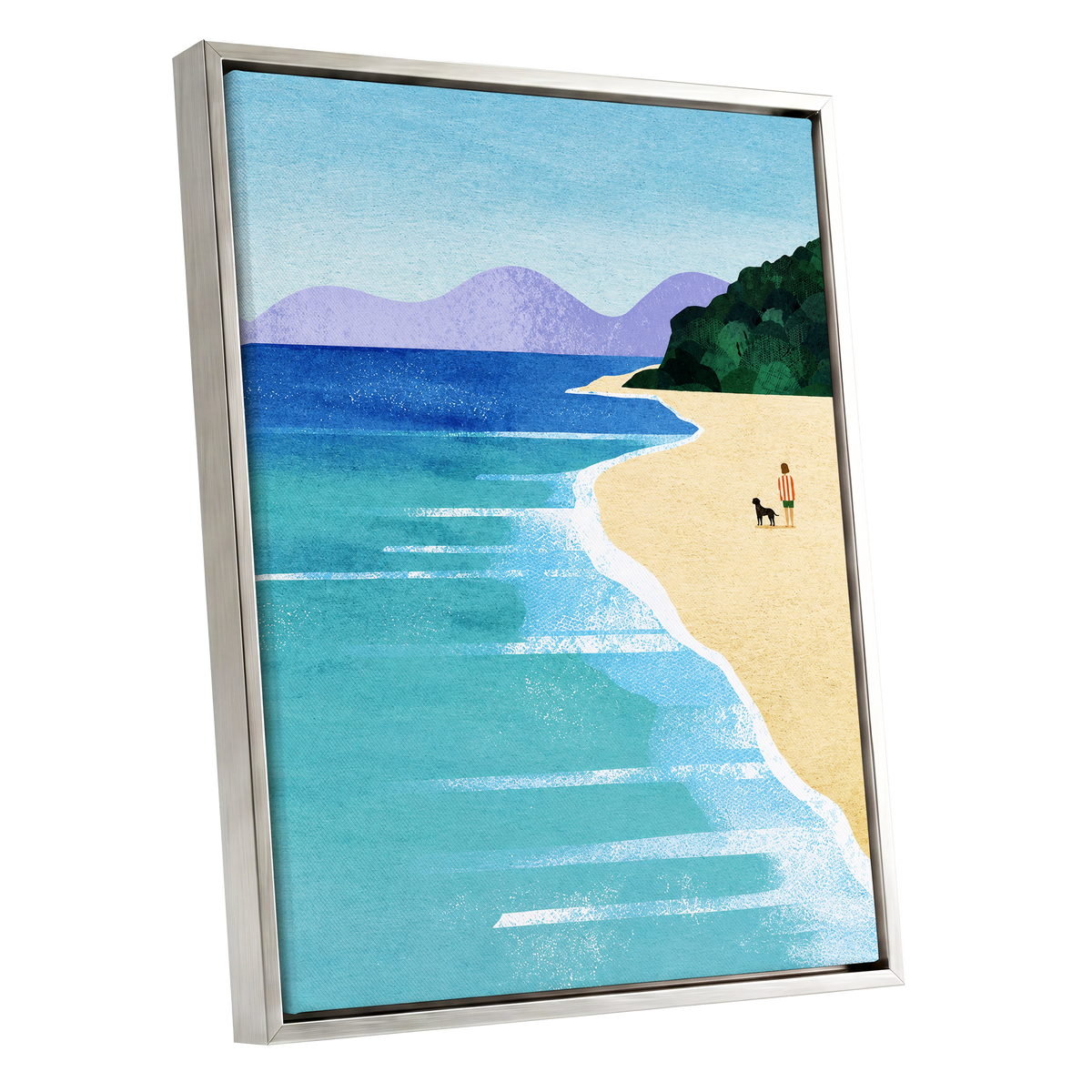 Shoreline Companions, blue, beige, green nature wall art shown as a silver framed canvas wall art