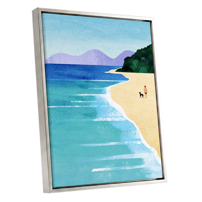 Shoreline Companions, blue, beige, green nature wall art shown as a silver framed canvas wall art