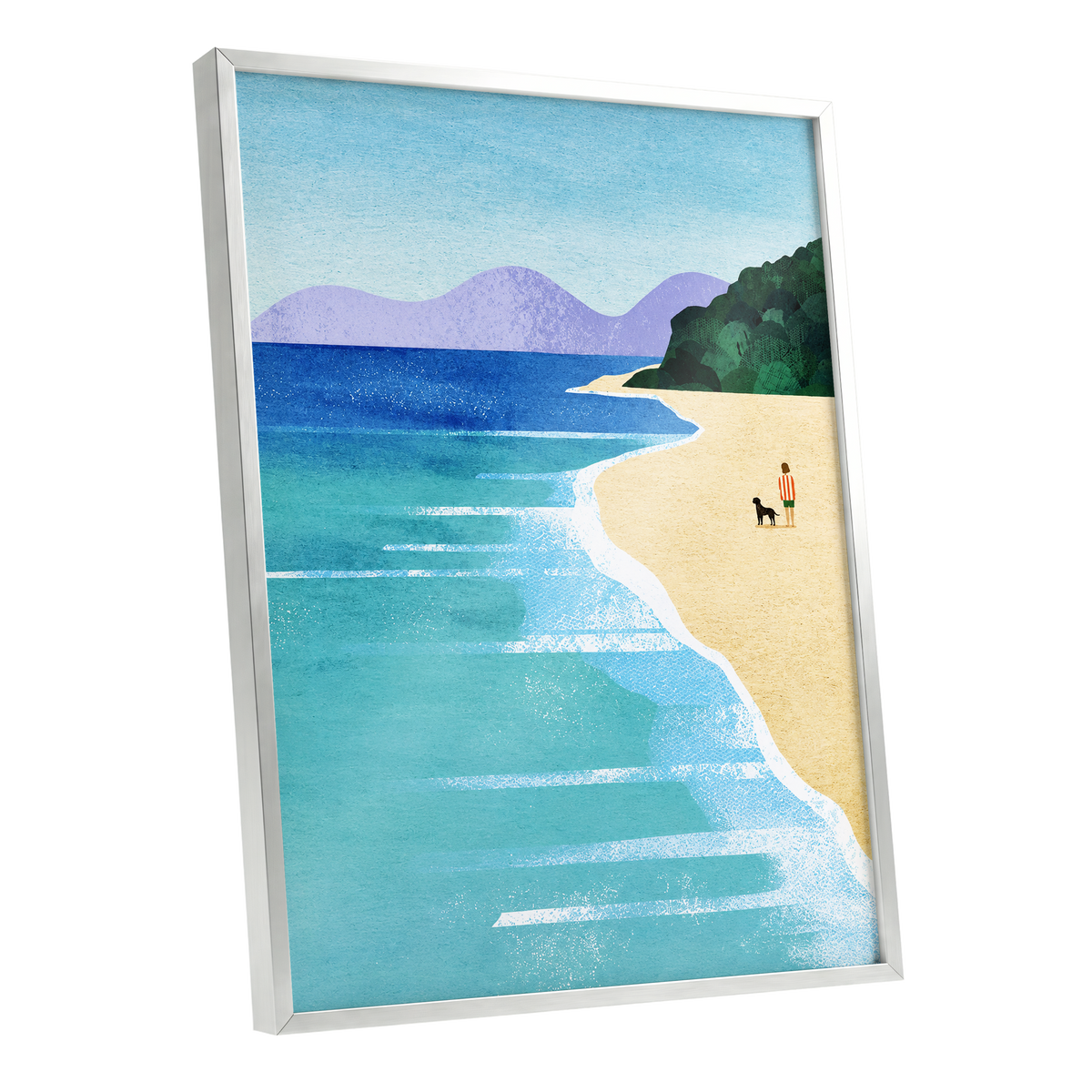 Shoreline Companions, blue, beige, green nature wall art shown as a silver framed poster wall art print