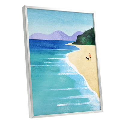 Shoreline Companions, blue, beige, green nature wall art shown as a silver framed poster wall art print