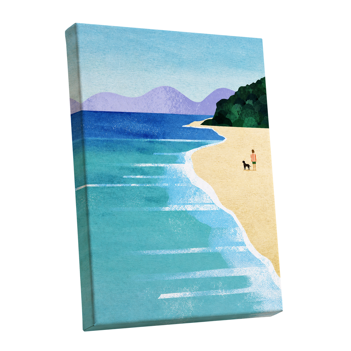Shoreline Companions, blue, beige, green nature wall art shown as a stretched canvas wall art