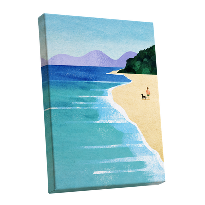 Shoreline Companions, blue, beige, green nature wall art shown as a stretched canvas wall art