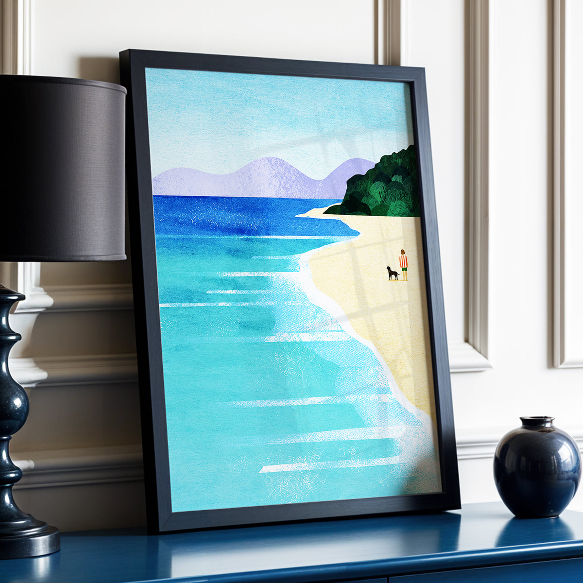 Shoreline Companions, blue, beige, green nature wall art displayed in a styled interior, gallery view 2