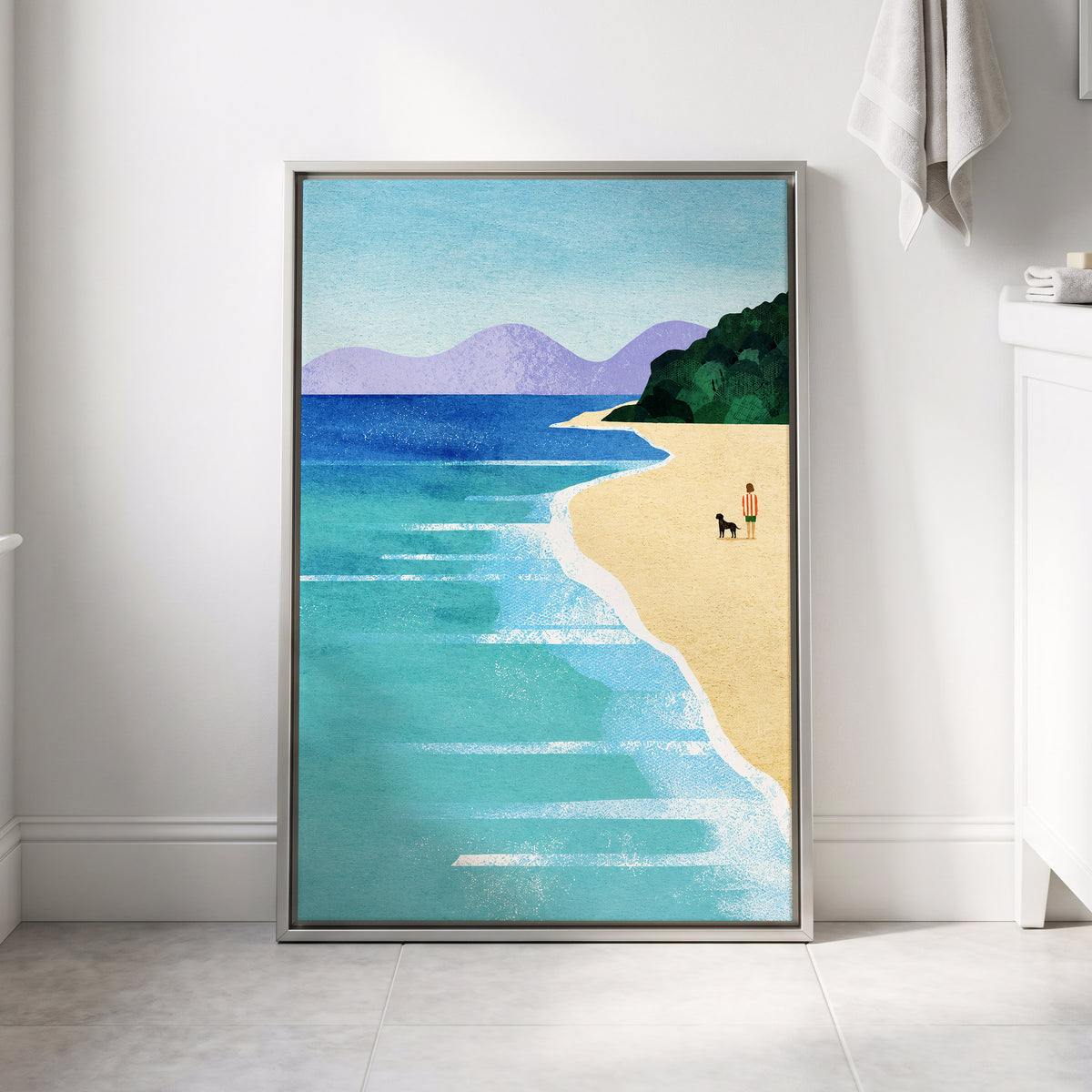 Shoreline Companions, blue, beige, green nature wall art displayed in a styled interior, gallery view 4
