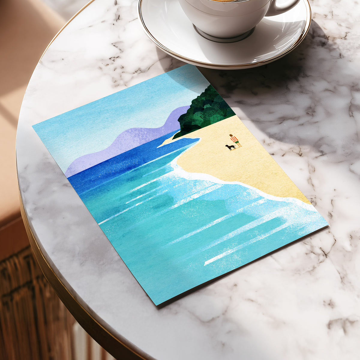 Shoreline Companions, blue, beige, green nature wall art displayed in a styled interior, gallery view 5