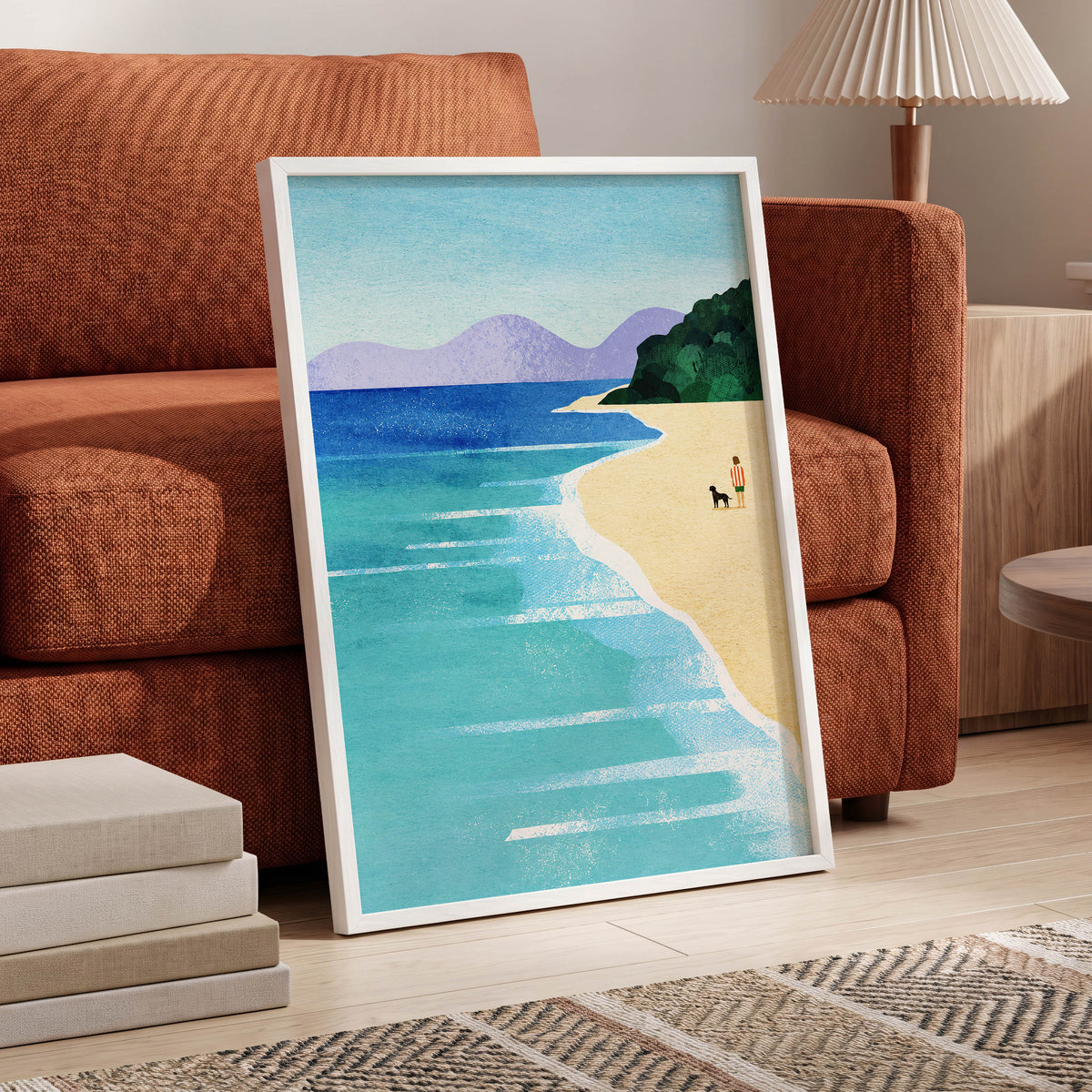 Shoreline Companions, blue, beige, green nature wall art displayed in a styled interior, gallery view 6
