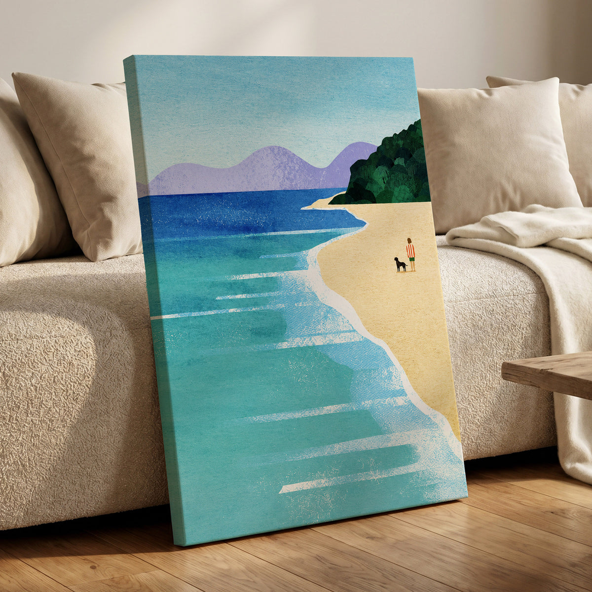 Shoreline Companions, blue, beige, green nature wall art displayed in a styled interior, gallery view 7