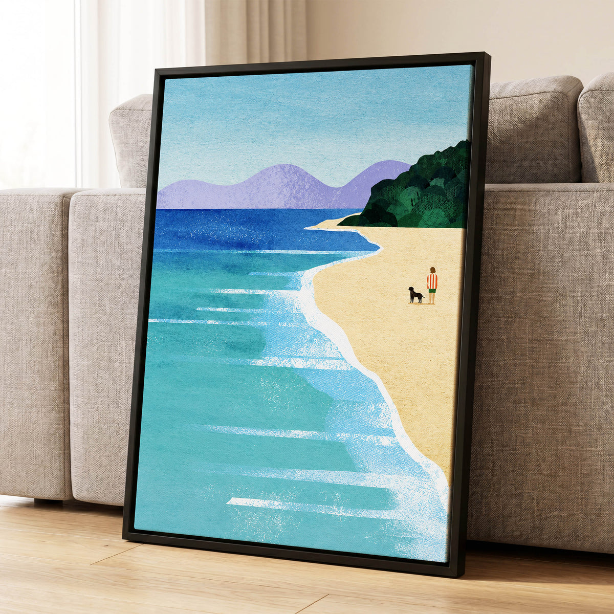 Shoreline Companions, blue, beige, green nature wall art displayed in a styled interior, gallery view 8