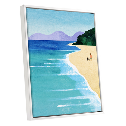 Shoreline Companions, blue, beige, green nature wall art shown as a white framed canvas wall art