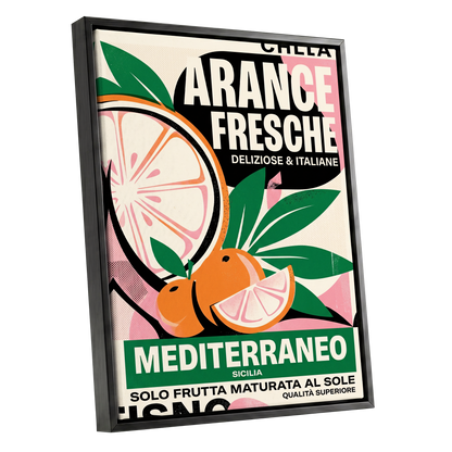 Sicilian Citrus Parade, beige, green, orange nature wall art shown as a black framed canvas wall art
