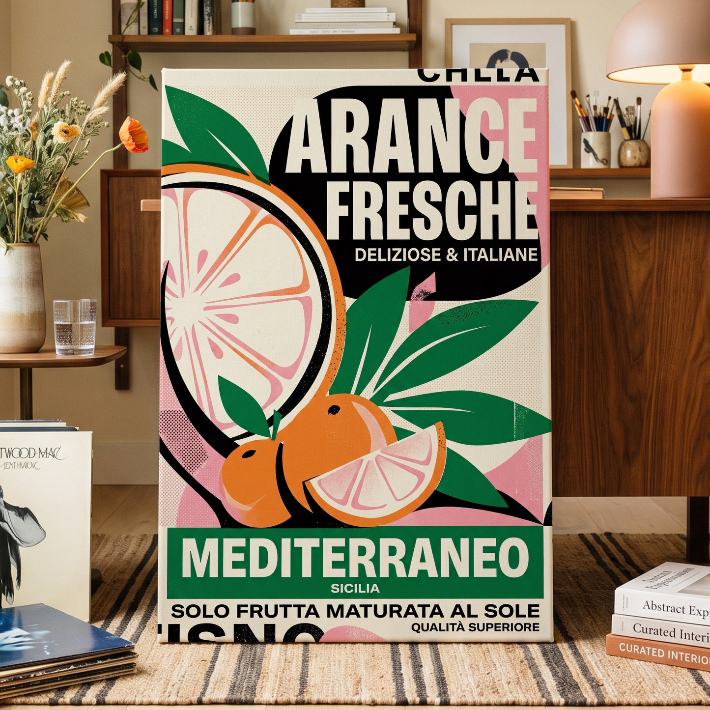 Sicilian Citrus Parade, beige, green, orange nature wall art on canvas displayed in a styled interior, gallery view 1