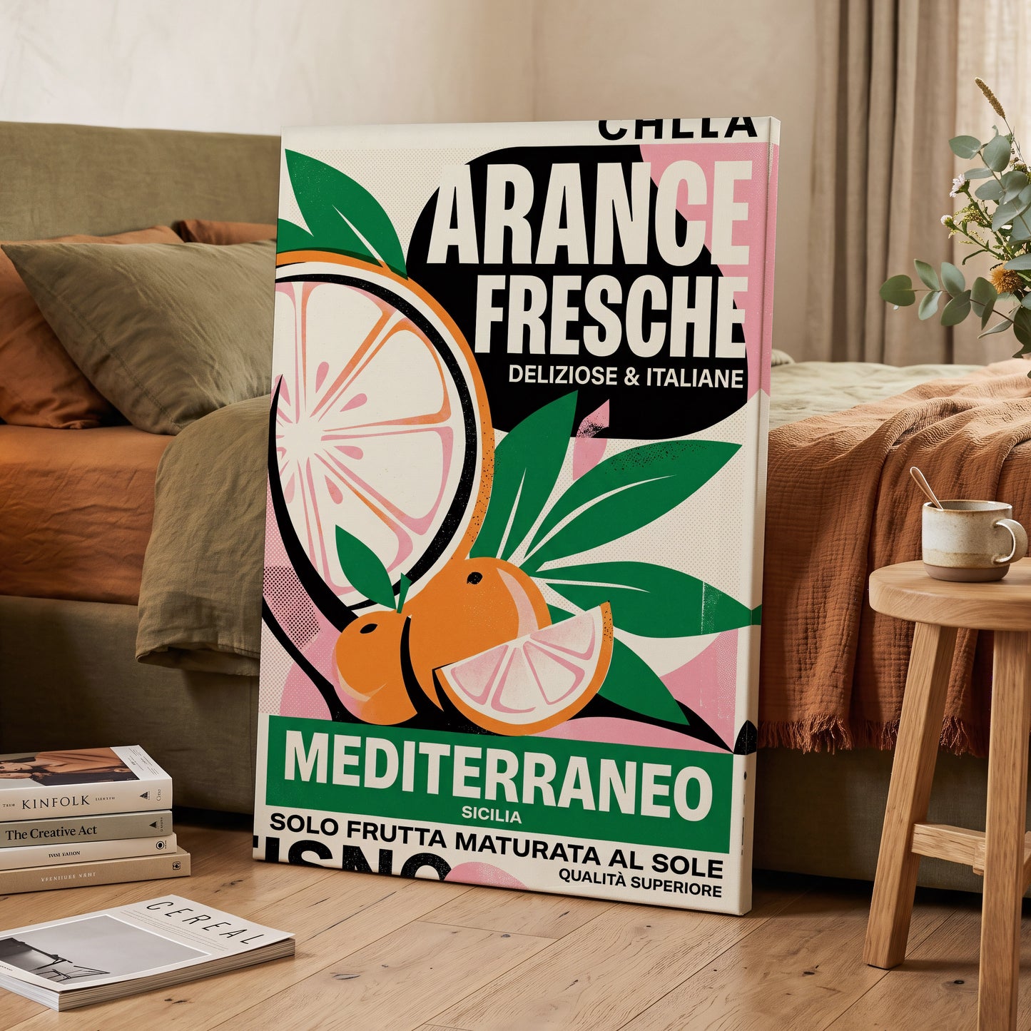 Sicilian Citrus Parade, beige, green, orange nature wall art on canvas displayed in a styled interior, gallery view 2