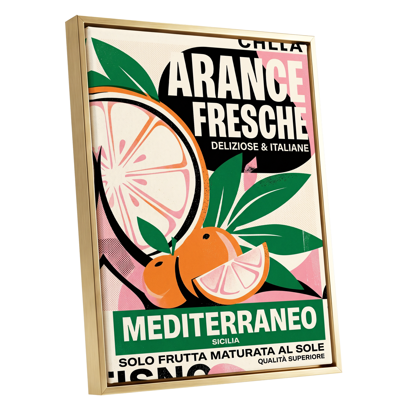 Sicilian Citrus Parade, beige, green, orange nature wall art shown as a gold framed canvas wall art