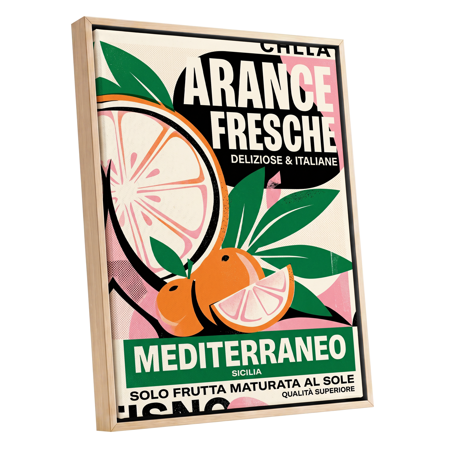 Sicilian Citrus Parade, beige, green, orange nature wall art shown as a oak framed canvas wall art