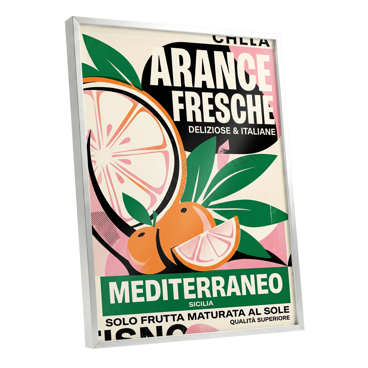 Sicilian Citrus Parade, beige, green, orange nature wall art shown as a silver framed poster wall art print