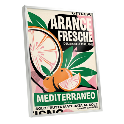 Sicilian Citrus Parade, beige, green, orange nature wall art shown as a silver framed poster wall art print