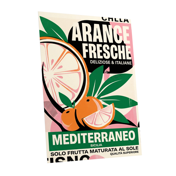 Sicilian Citrus Parade, beige, green, orange nature wall art shown as a unframed poster wall art print