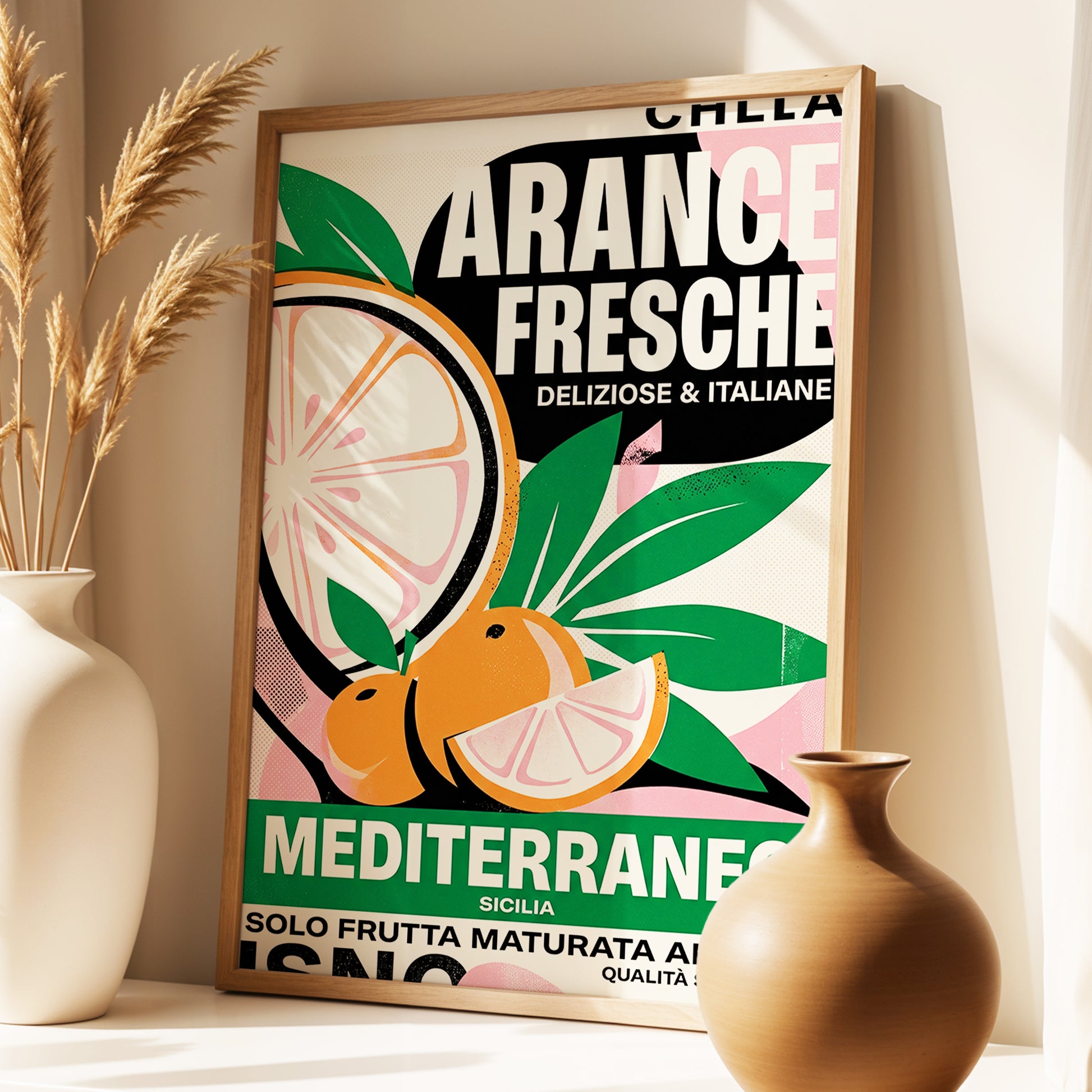 Sicilian Citrus Parade, beige, green, orange nature wall art displayed in a styled interior, gallery view 1