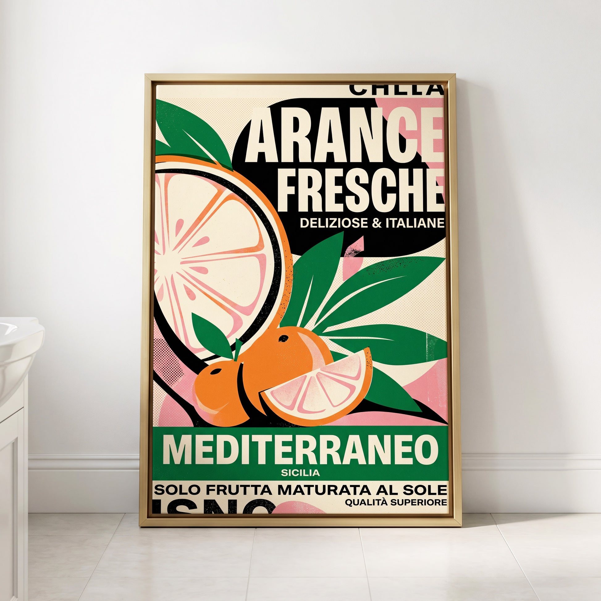 Sicilian Citrus Parade, beige, green, orange nature wall art displayed in a styled interior, gallery view 2