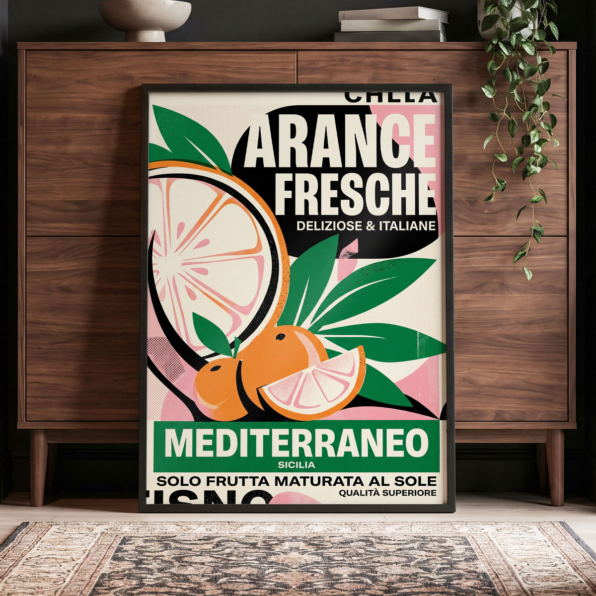 Sicilian Citrus Parade, beige, green, orange nature wall art displayed in a styled interior, gallery view 4