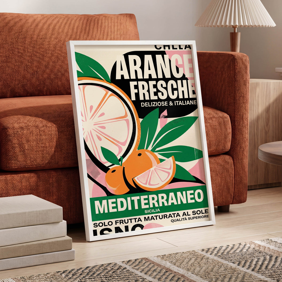 Sicilian Citrus Parade, beige, green, orange nature wall art displayed in a styled interior, gallery view 5