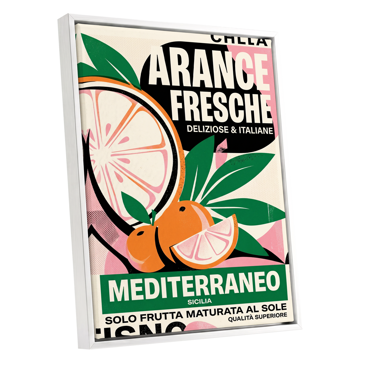 Sicilian Citrus Parade, beige, green, orange nature wall art shown as a white framed canvas wall art