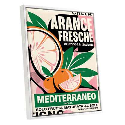 Sicilian Citrus Parade, beige, green, orange nature wall art shown as a white framed canvas wall art