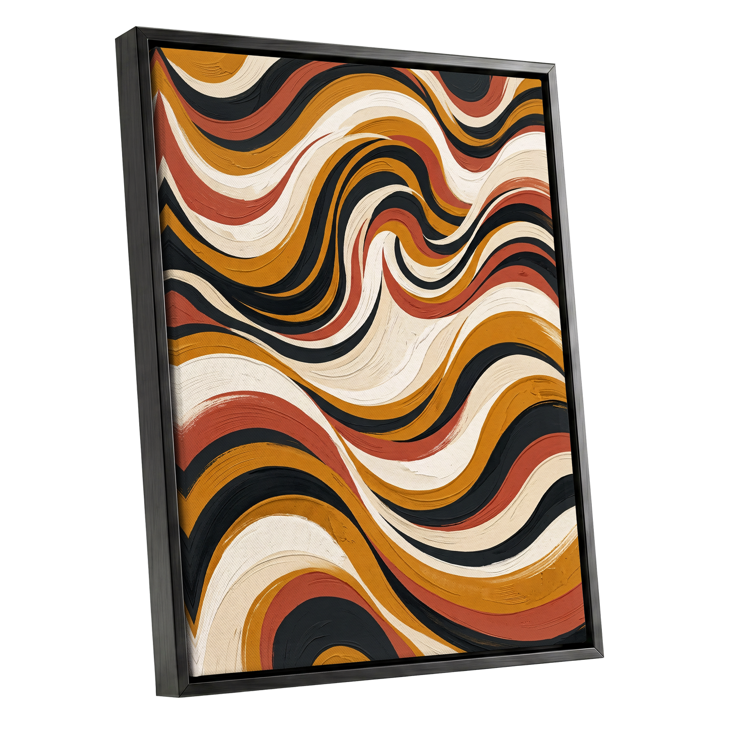 Sienna Current, black, beige, gold abstract wall art shown as a black framed canvas wall art