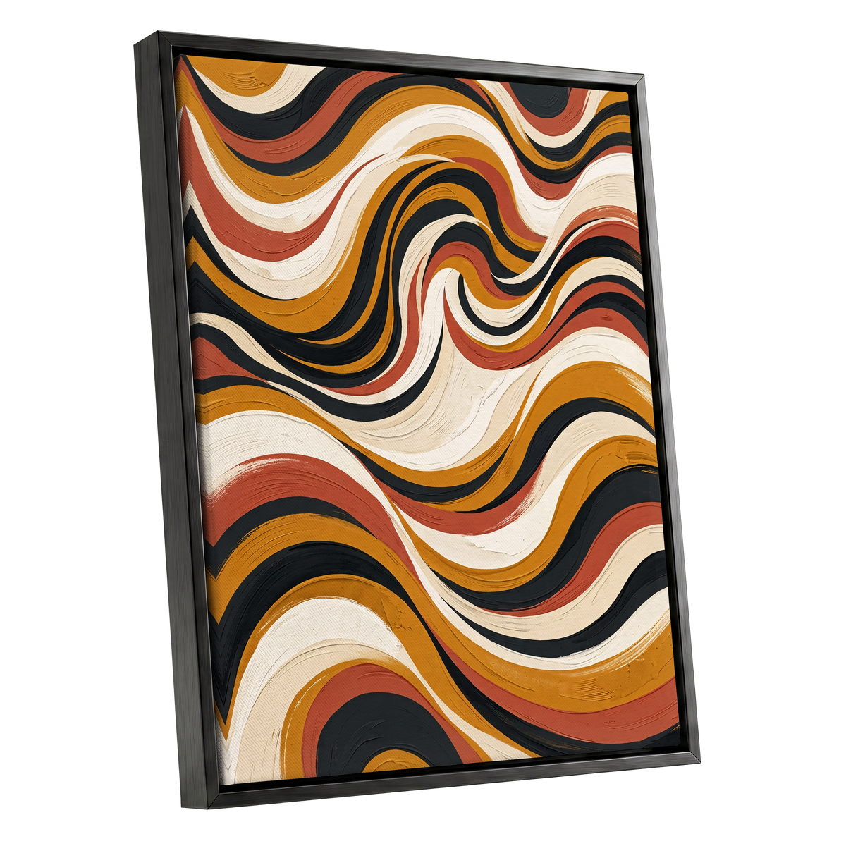 Sienna Current, black, beige, gold abstract wall art shown as a black framed canvas wall art