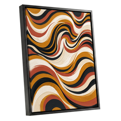 Sienna Current, black, beige, gold abstract wall art shown as a black framed canvas wall art
