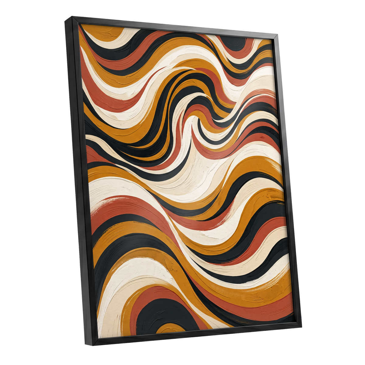 Sienna Current, black, beige, gold abstract wall art shown as a black framed poster wall art print