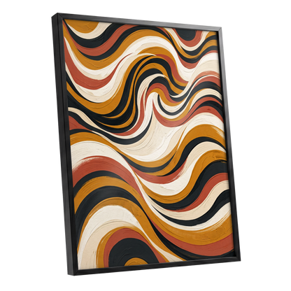 Sienna Current, black, beige, gold abstract wall art shown as a black framed poster wall art print