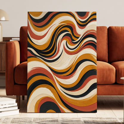 Sienna Current, black, beige, gold abstract wall art on canvas displayed in a styled interior, gallery view 1