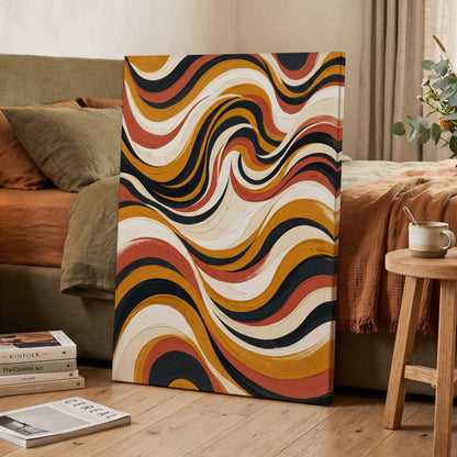 Sienna Current, black, beige, gold abstract wall art on canvas displayed in a styled interior, gallery view 2