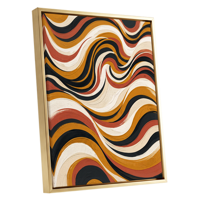 Sienna Current, black, beige, gold abstract wall art shown as a gold framed canvas wall art