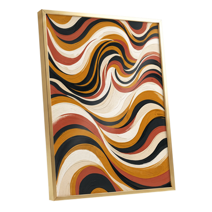 Sienna Current, black, beige, gold abstract wall art shown as a gold framed poster wall art print
