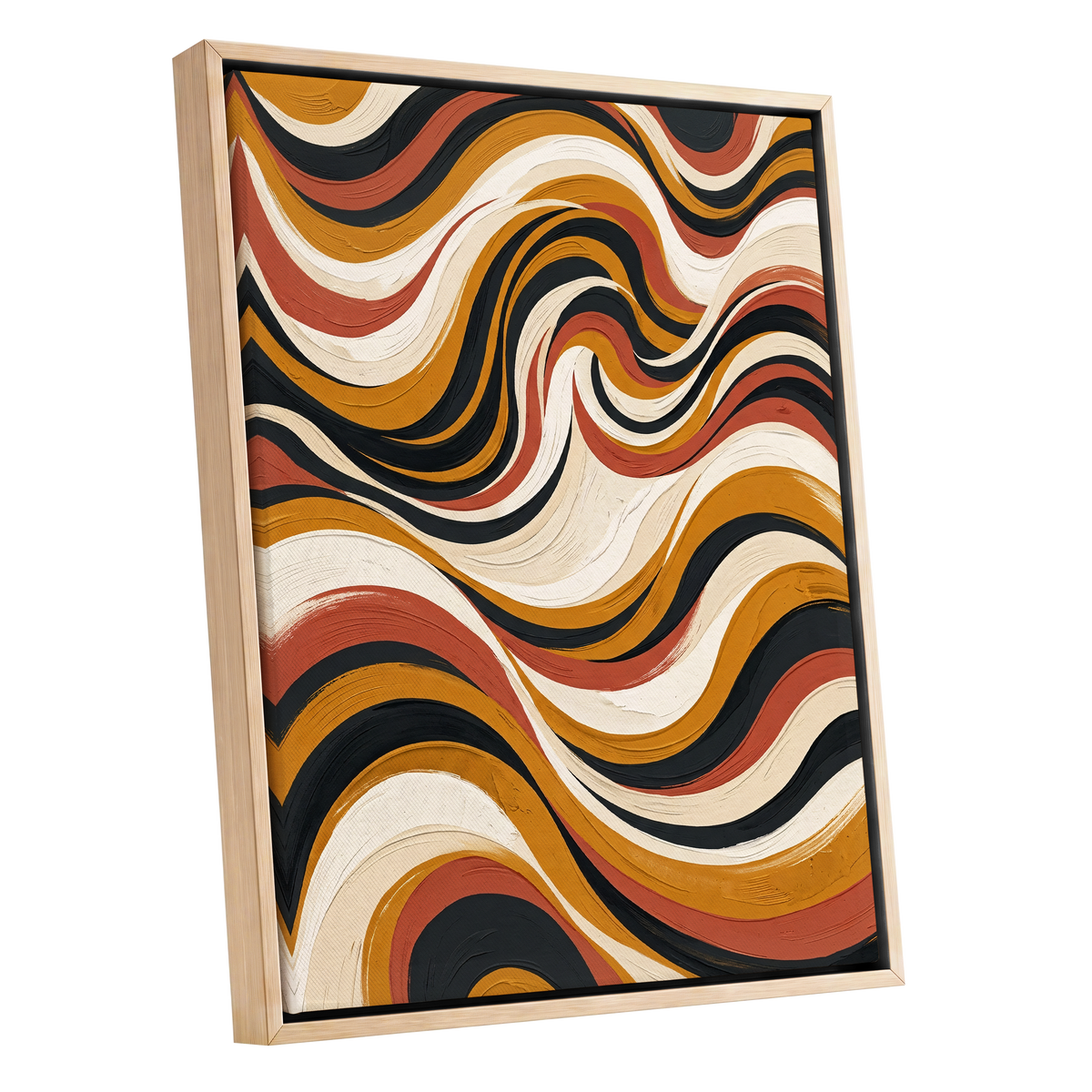 Sienna Current, black, beige, gold abstract wall art shown as a oak framed canvas wall art