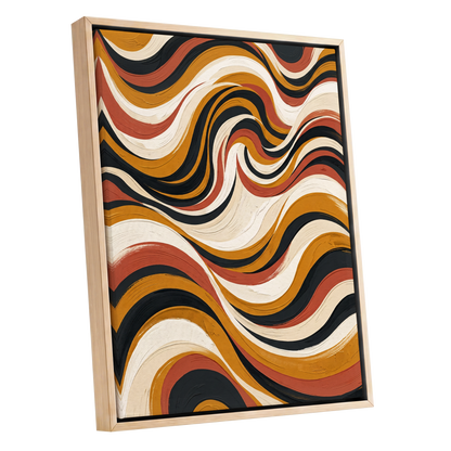 Sienna Current, black, beige, gold abstract wall art shown as a oak framed canvas wall art