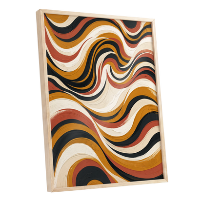 Sienna Current, black, beige, gold abstract wall art shown as a oak framed poster wall art print