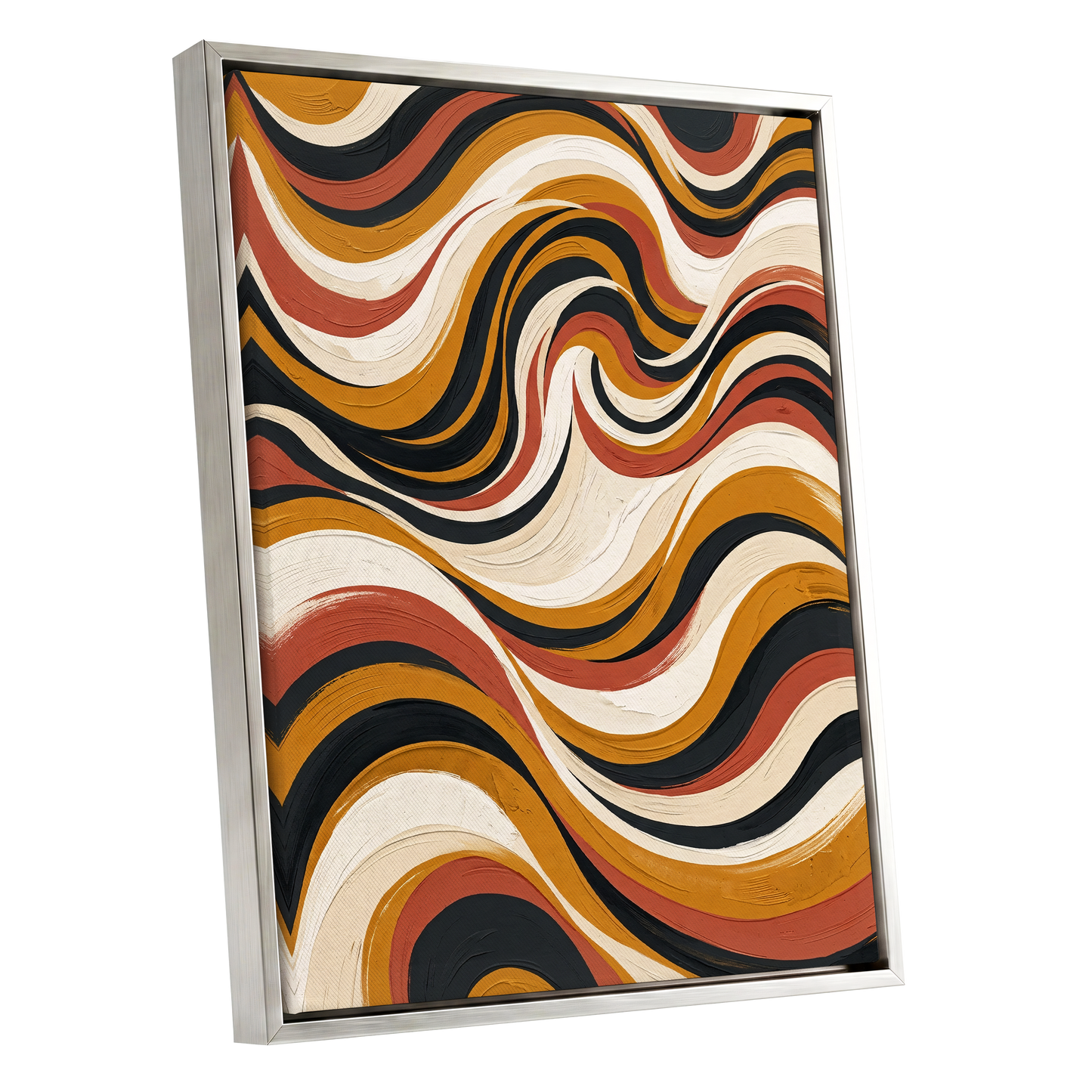 Sienna Current, black, beige, gold abstract wall art shown as a silver framed canvas wall art