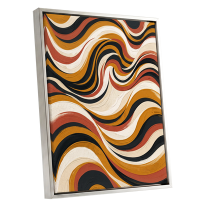 Sienna Current, black, beige, gold abstract wall art shown as a silver framed canvas wall art