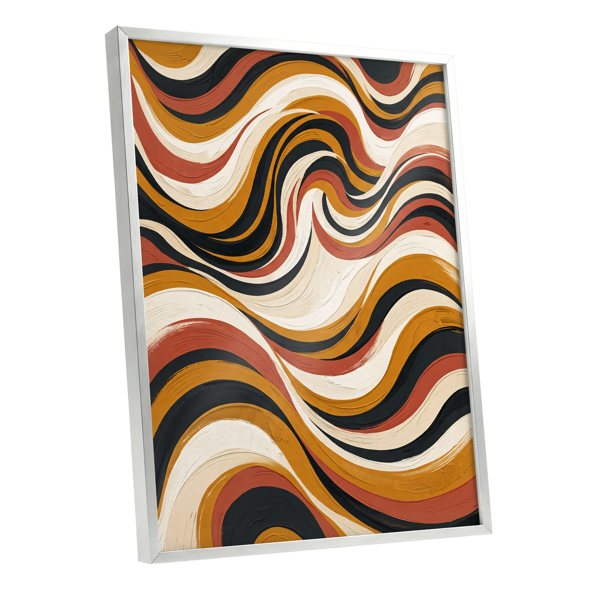 Sienna Current, black, beige, gold abstract wall art shown as a silver framed poster wall art print