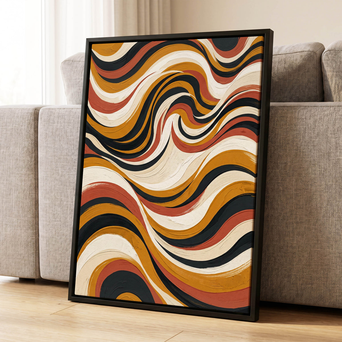 Sienna Current, black, beige, gold abstract wall art displayed in a styled interior, gallery view 1