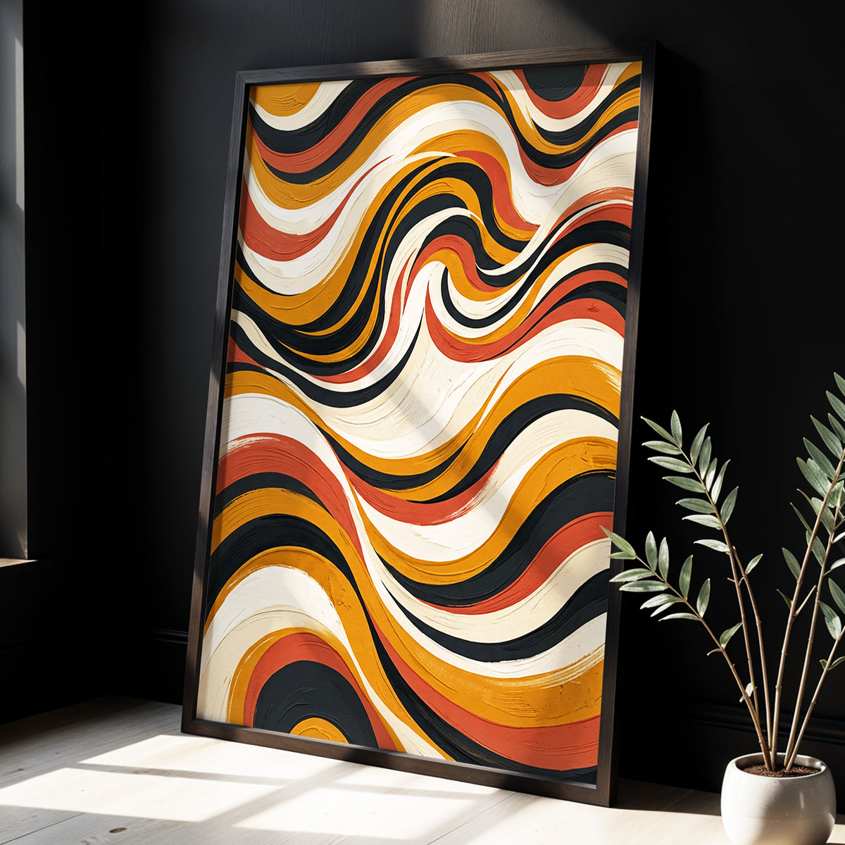 Sienna Current, black, beige, gold abstract wall art displayed in a styled interior, gallery view 2