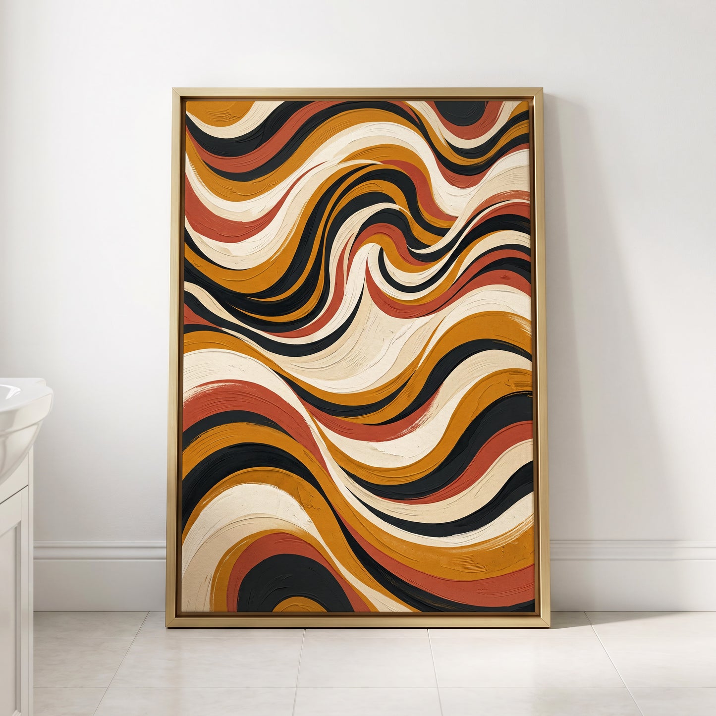Sienna Current, black, beige, gold abstract wall art displayed in a styled interior, gallery view 3
