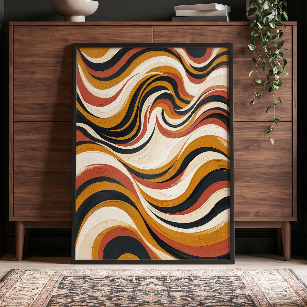 Sienna Current, black, beige, gold abstract wall art displayed in a styled interior, gallery view 5
